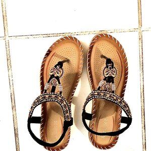 Glamorous sandals size 7.5 decorated with rhinestones and sequins, black and tan